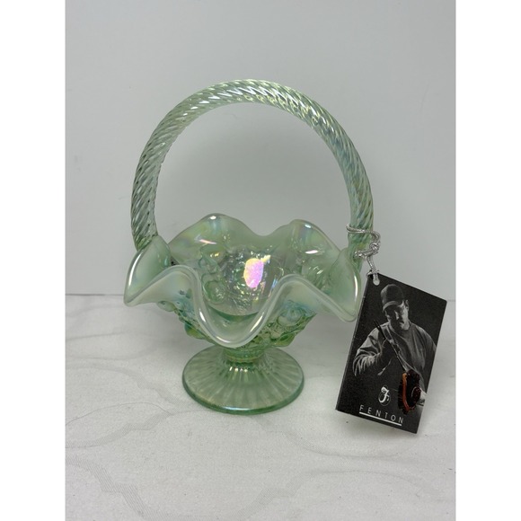 Fenton Green Opalescent Iridescent Ruffled Wavy Roses Floral Basket with Handle - Picture 1 of 7